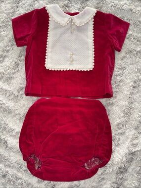 0/3m vintage 1960s Girls Red Velvet Two-Piece Set with White Lace dress NWOT